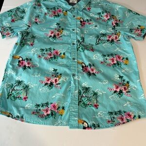 Men's Floral Toucan Print Shirt - Aqua‎ w Floral Print